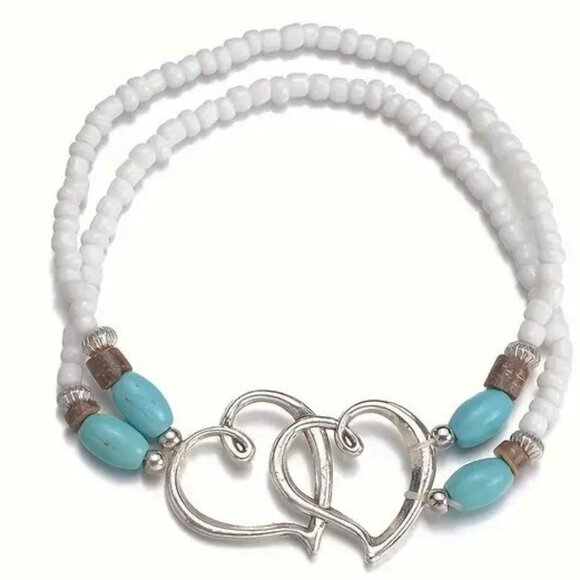 Double Heart Bracelet Layered Boho Hippie Beads Turquoise Stylish Love Vacation - Picture 3 of 4
